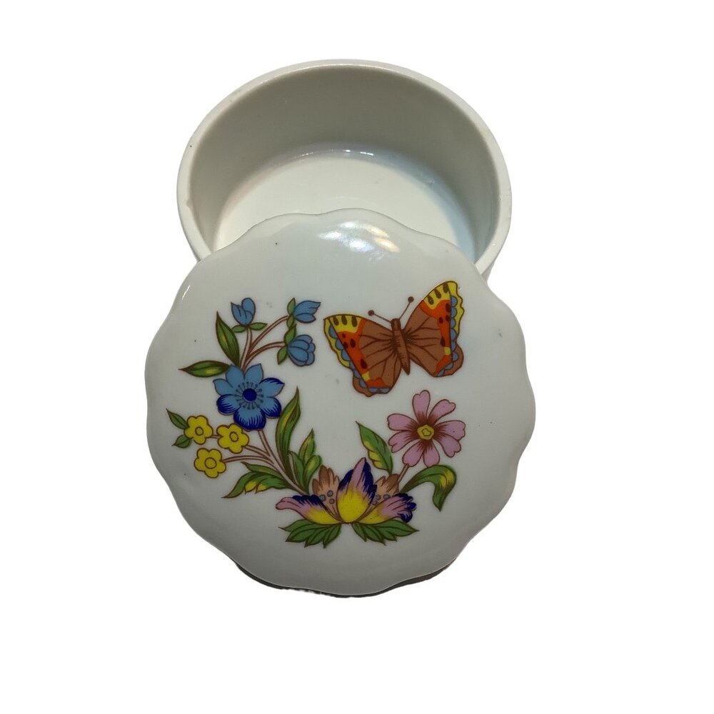 Vtg 1990‎ Prestige Round Trinket Box Butterfly Flowers 3"-3.5" Cream Multicolor